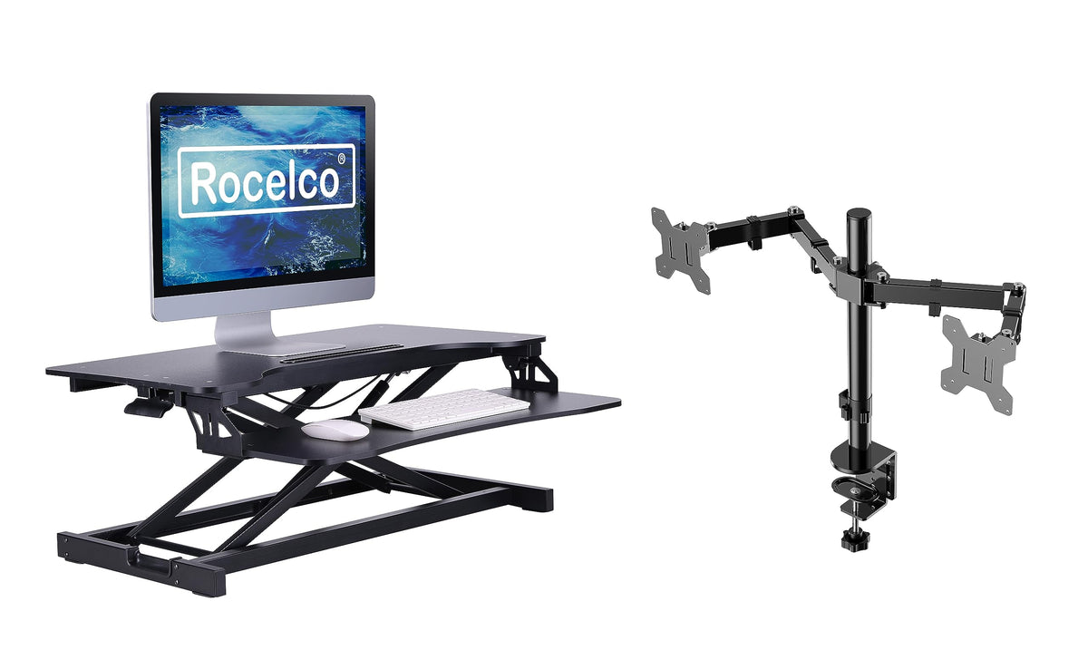 Rocelco Standing Desk Converter with Dual Monitor Mount - 31.5 Inch Sit Stand Up Tabletop Riser with Tablet Holder, Height Adjustable Workstation - Deep Keyboard Tray for Laptop - Black (R VADRB-DM2)