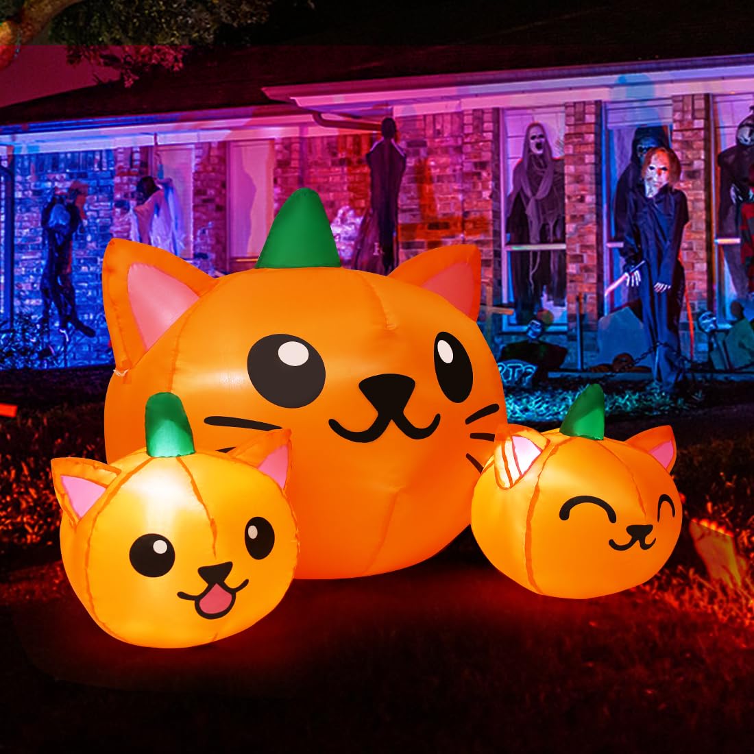 COMIN Halloween Inflatable 5FT Long Three Pumpkin Cat Head Combo with Built-in LEDs, Blow Up Yard Decoration for Holiday Party I
