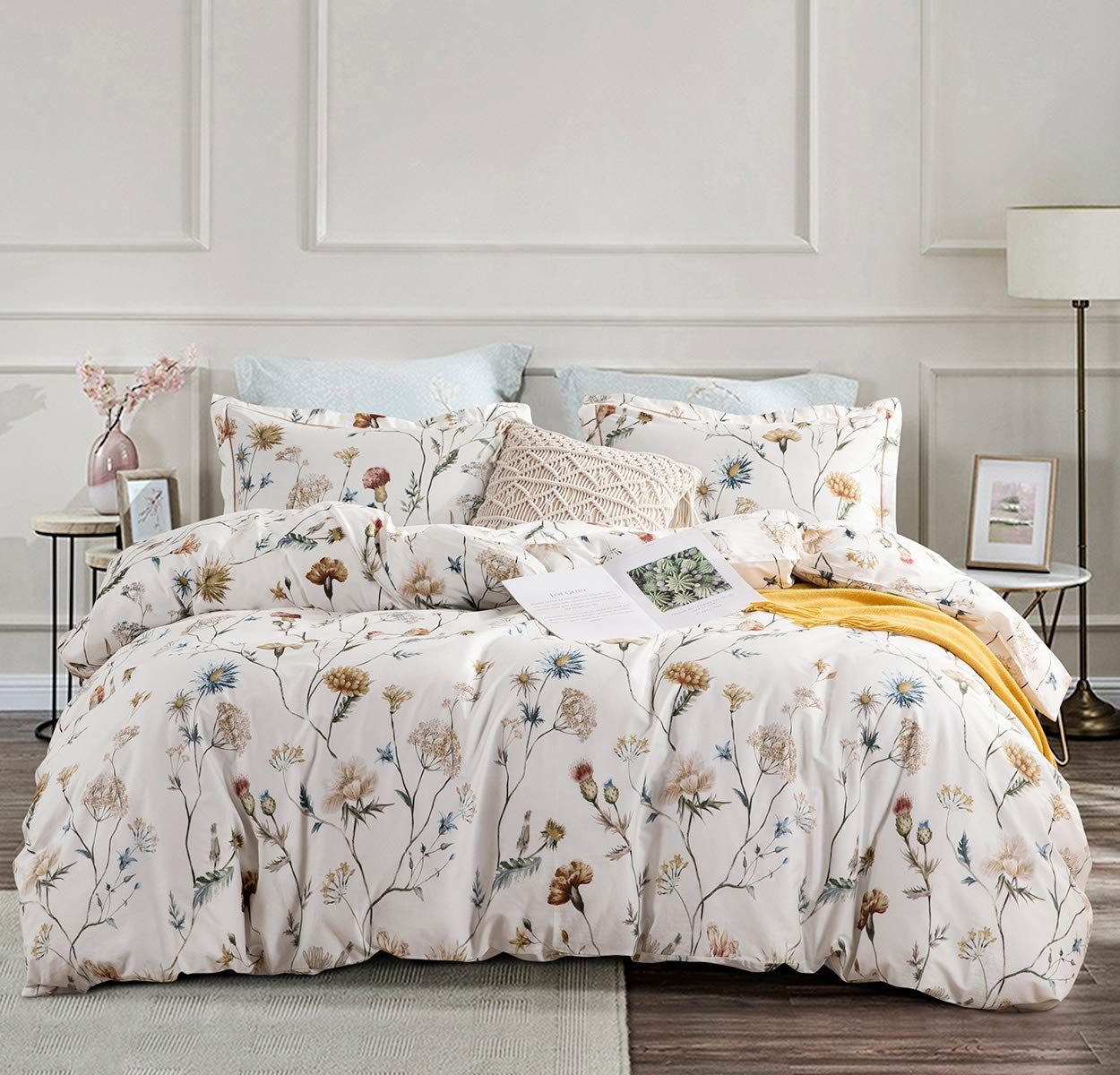 Sleepbella Comforter King Size, 600 Thread Count Cotton White Printed With Blue & Blush Flowers Cotton Comforter Set,Down Altern
