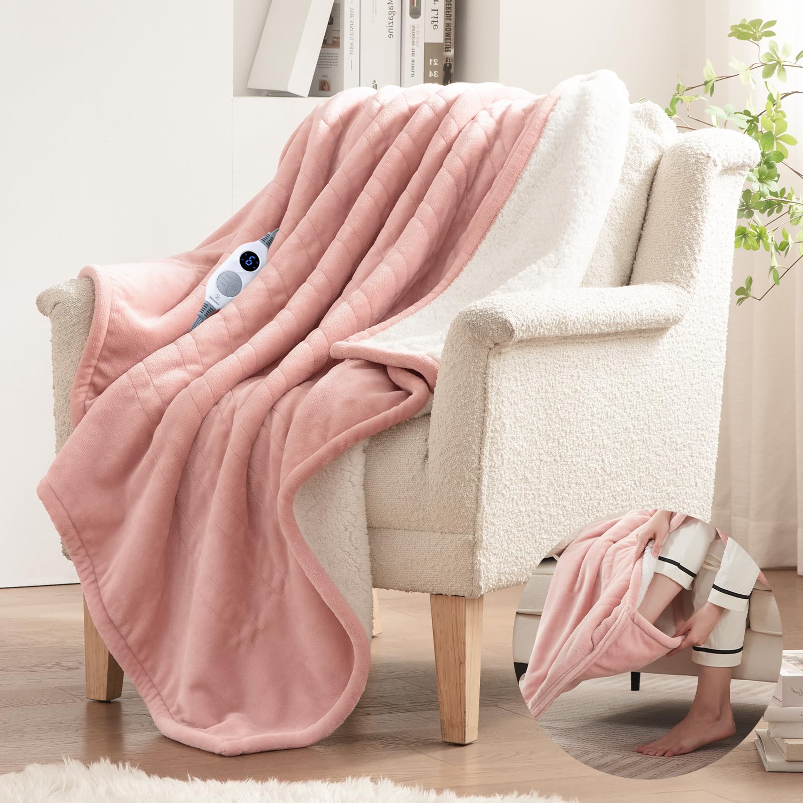 Westinghouse Electric Blanket With Foot Pocket For Adults, Ultra Soft Flannel To Sherpa Heated Throw With 6 Heating Levels & 2-1