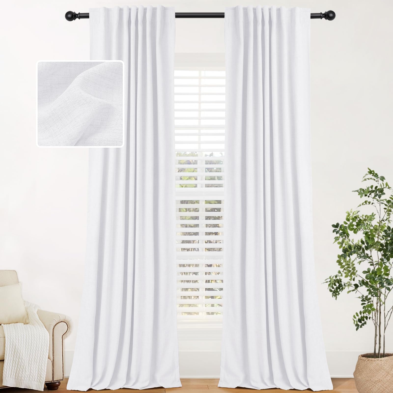 Inovaday 100% White Black Out Curtains 90 Inch Long 2 Panels Set Back Tab/Rod Pocket Linen Blackout Curtains Thermal Insulated R