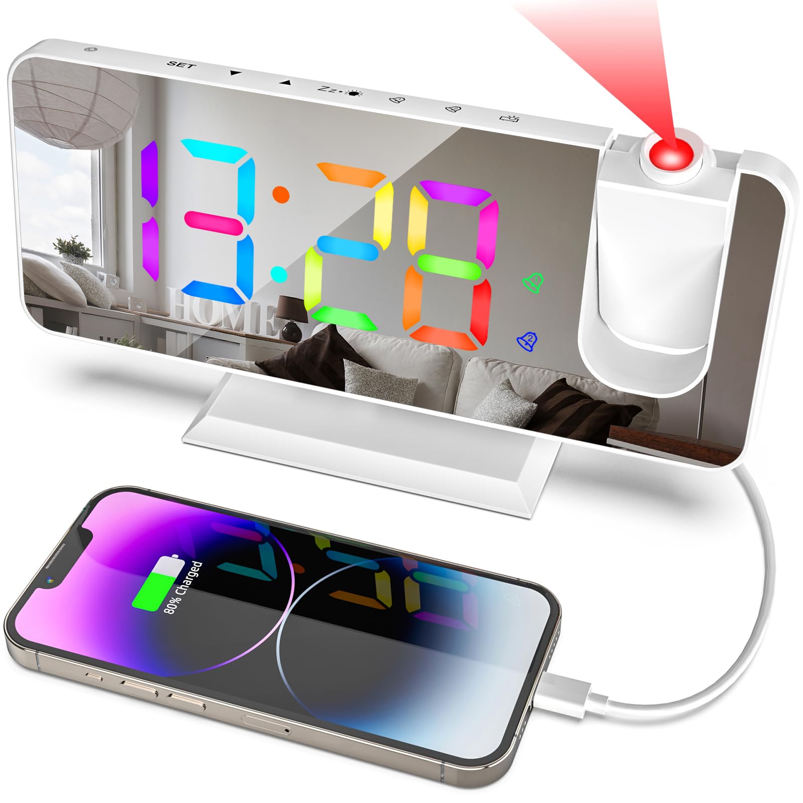 Hanaix Projection Alarm Clock for Bedrooms Ceiling,7.3 Digital Clock Large Display Mirror Screen,11 Colors RGB Clock with 180 Ro