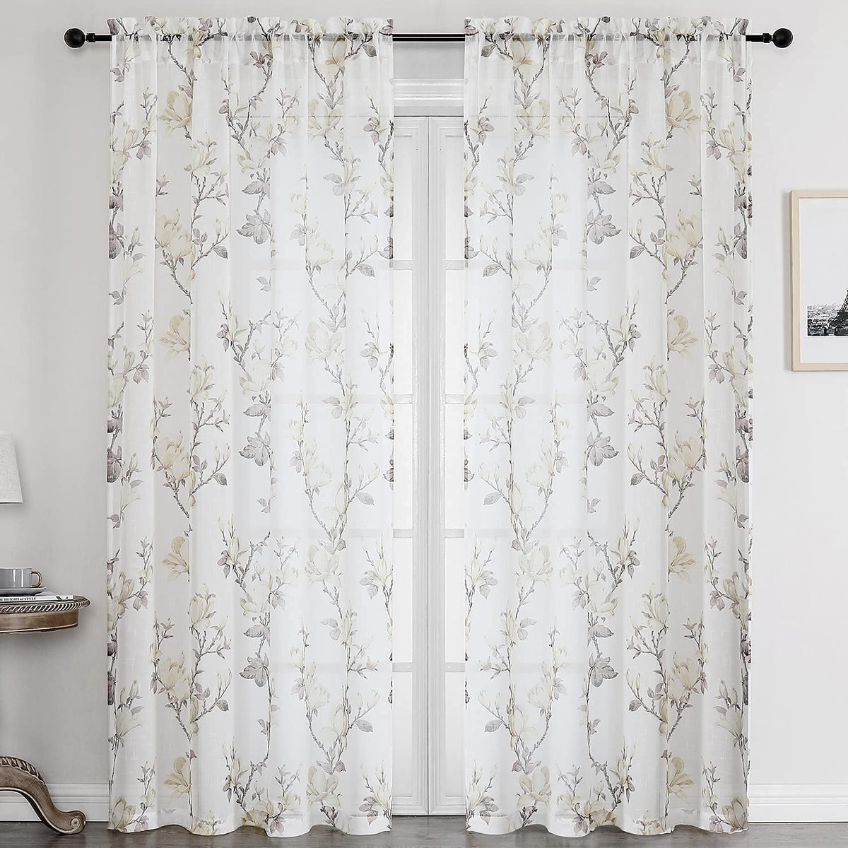 SMILE WEAVER White Floral Semi Sheer Curtains 72 Inch Rod Pocket 2 Panels