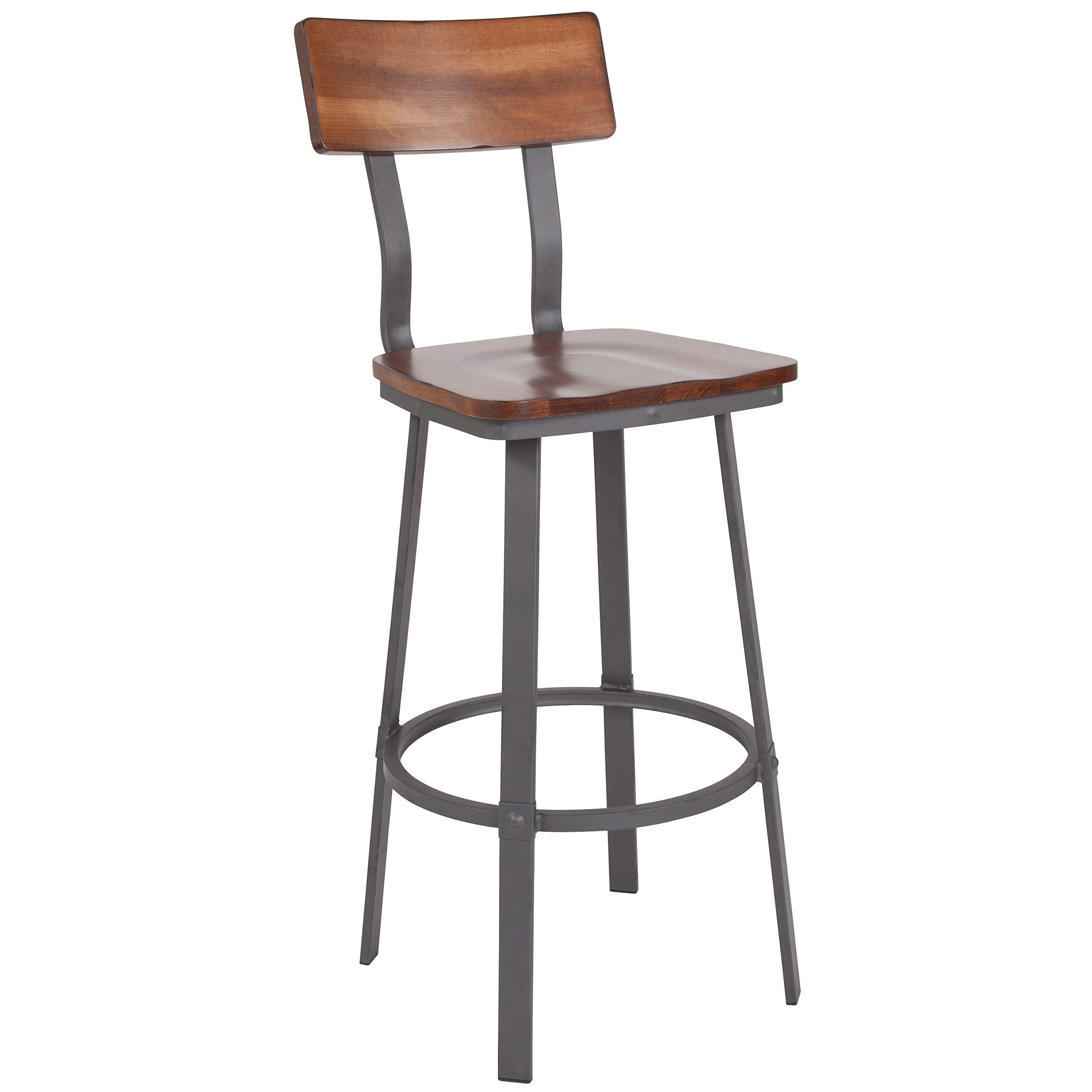 Flash Furniture Flint Series Rustic Walnut Restaurant Barstool With Wood Seat & Back And Gray Powder Coat Frame