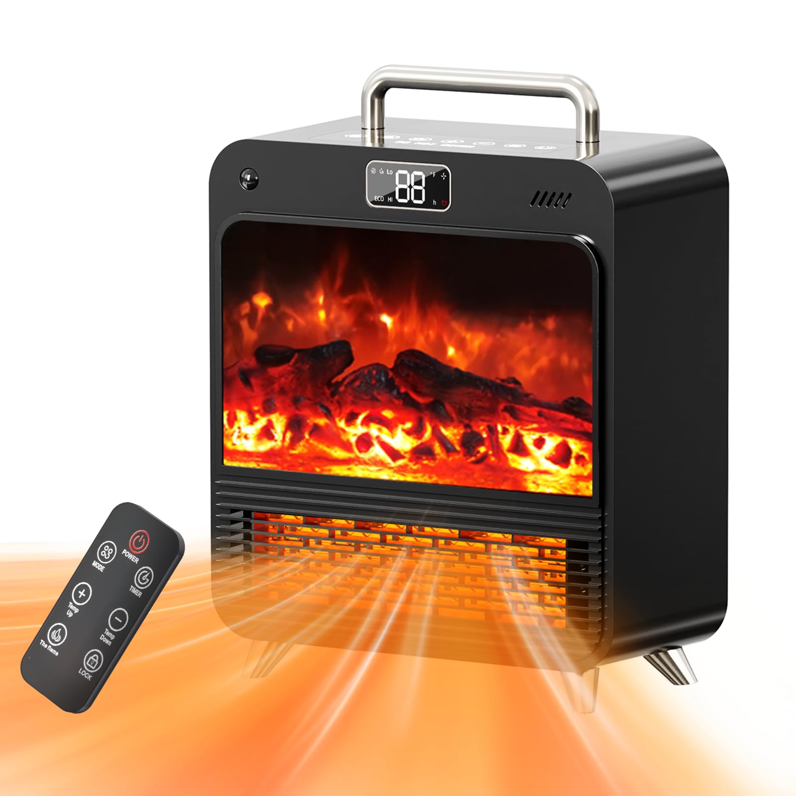 Electric Fireplace Heater,1500W Portable Electric Space Heater with Realistic 3D Flame,Touch&Remote Control,PTC Fast Heating,3 H