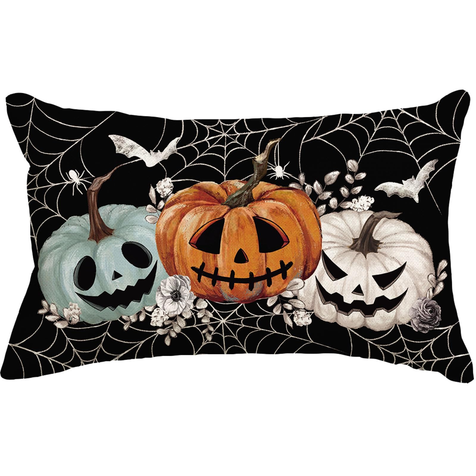 Baccessor Halloween Pillow Cover 12x20 Inch, Black Pumpkins Bats Spider Web Lumbar Pillow Case Halloween Decor for Cushion Sofa 