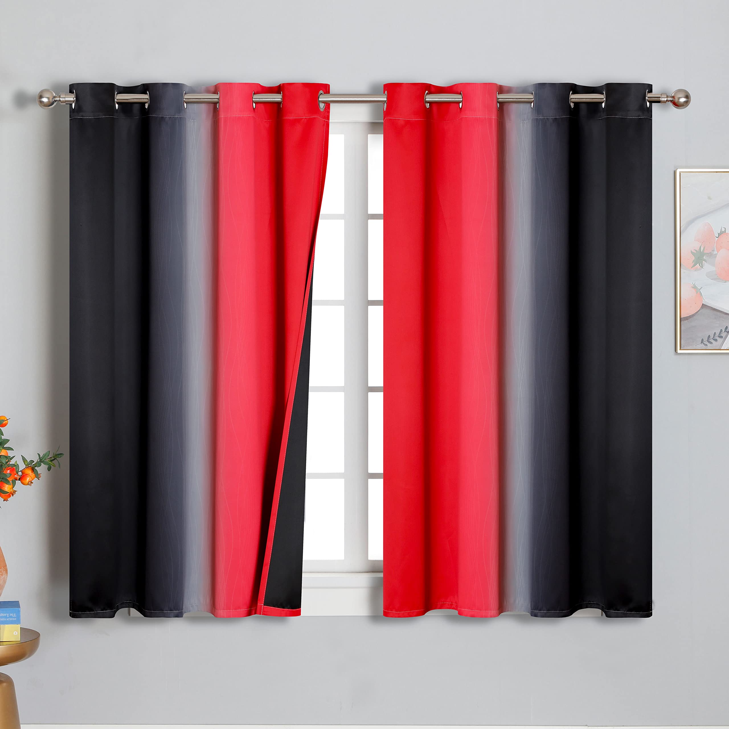 Estelar Textiler Ombre Red And Black Curtains 54 Inch Length 2 Panels, 100% Blackout Curtains For Living Room, Grommet Thermal I