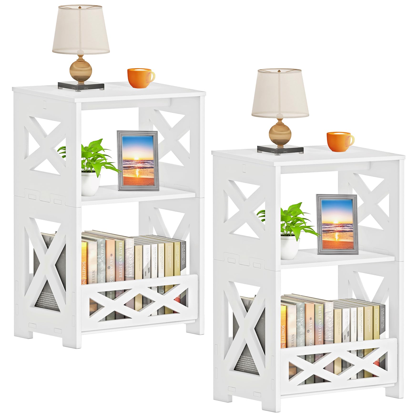 Byfu 3-Tier Side Table Set Of 2, Small End Table With Storage Shelf, White Nightstand Bedside Table Bookshelf Bookcase Display Rack For Small Spaces Bedroom Bathroom Living Room Office