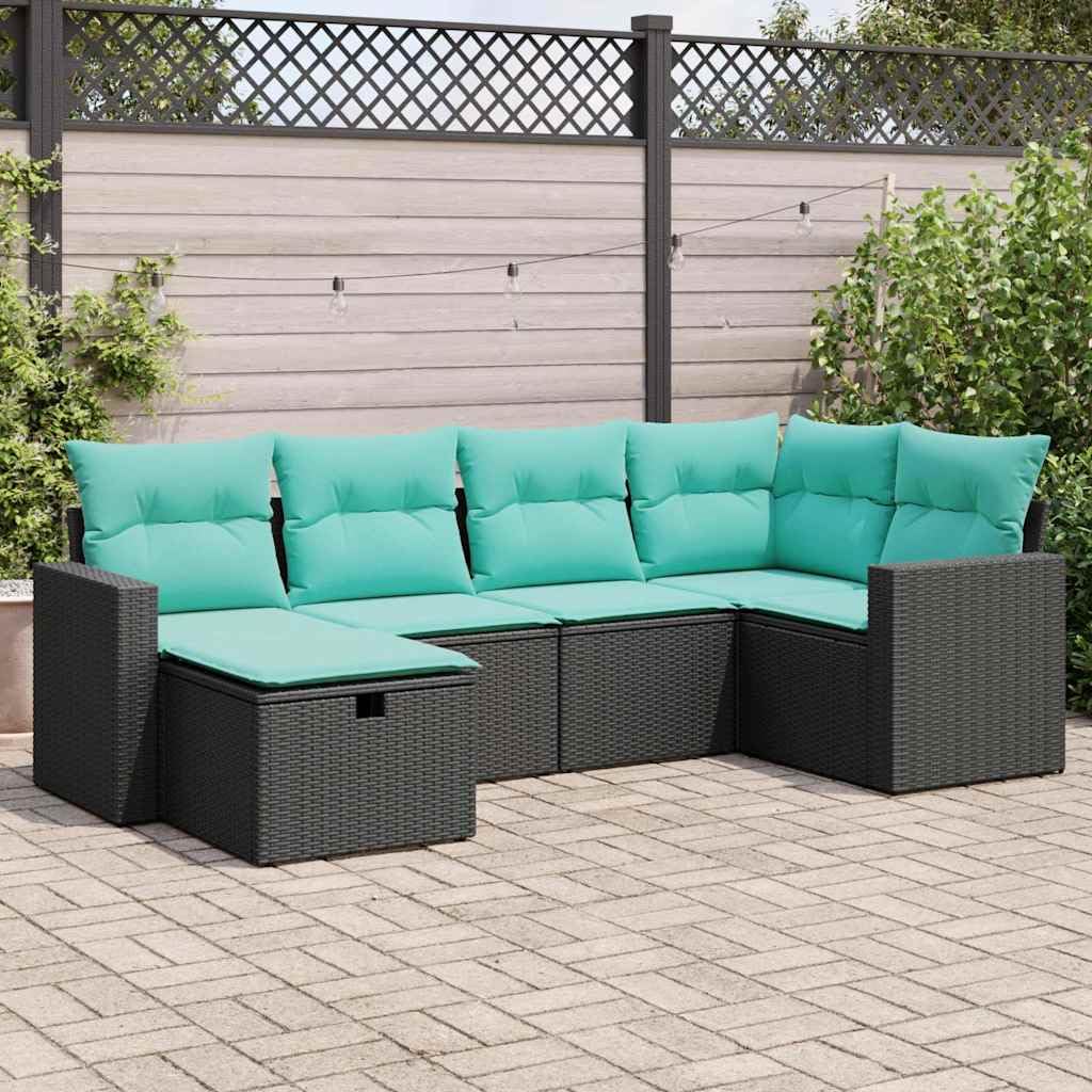 vidaXL 6-Piece Patio/Garden Sofa Set - Black Poly Rattan, Cushioned Seating, Modern Outdoor Furniture with Storage