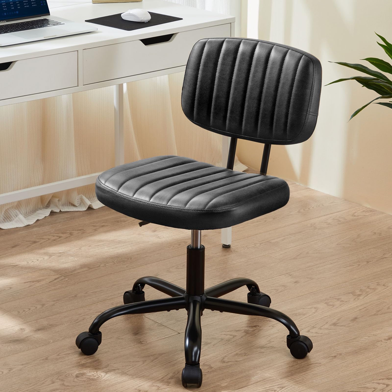 Sweetcrispy Small Office Desk Chair With Wheels Armless Comfy Computer Chair With Lumbar Support, Pu Leather Low Back Adjustable Height 360° Rolling Swivel Task Chair Without Arm For Home, Bedroom