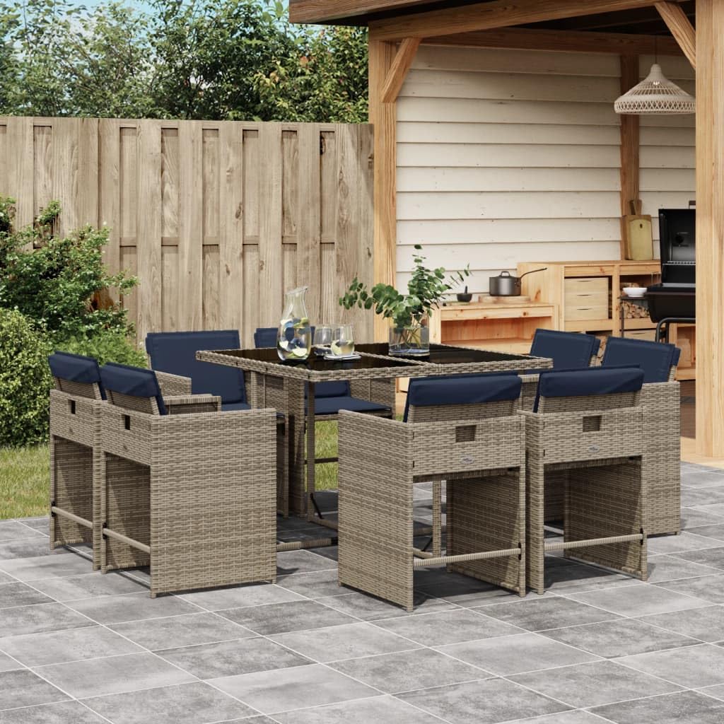 vidaXL Patio Dining Set with Cushions - 9 Piece Gray Poly Rattan Outdoor Furniture, Tempered Glass Table & Folding Chairs