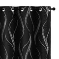 Blackout Curtains For Livingroom - Wave Line With Dots Silver Print Design Noise Reducing Thermal Insulated Solid Ring Top Black