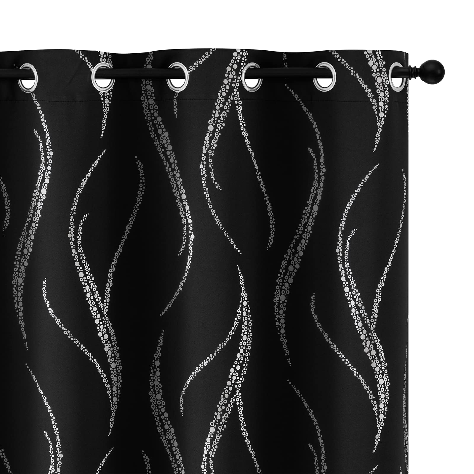 Blackout Curtains For Livingroom - Wave Line With Dots Silver Print Design Noise Reducing Thermal Insulated Solid Ring Top Black