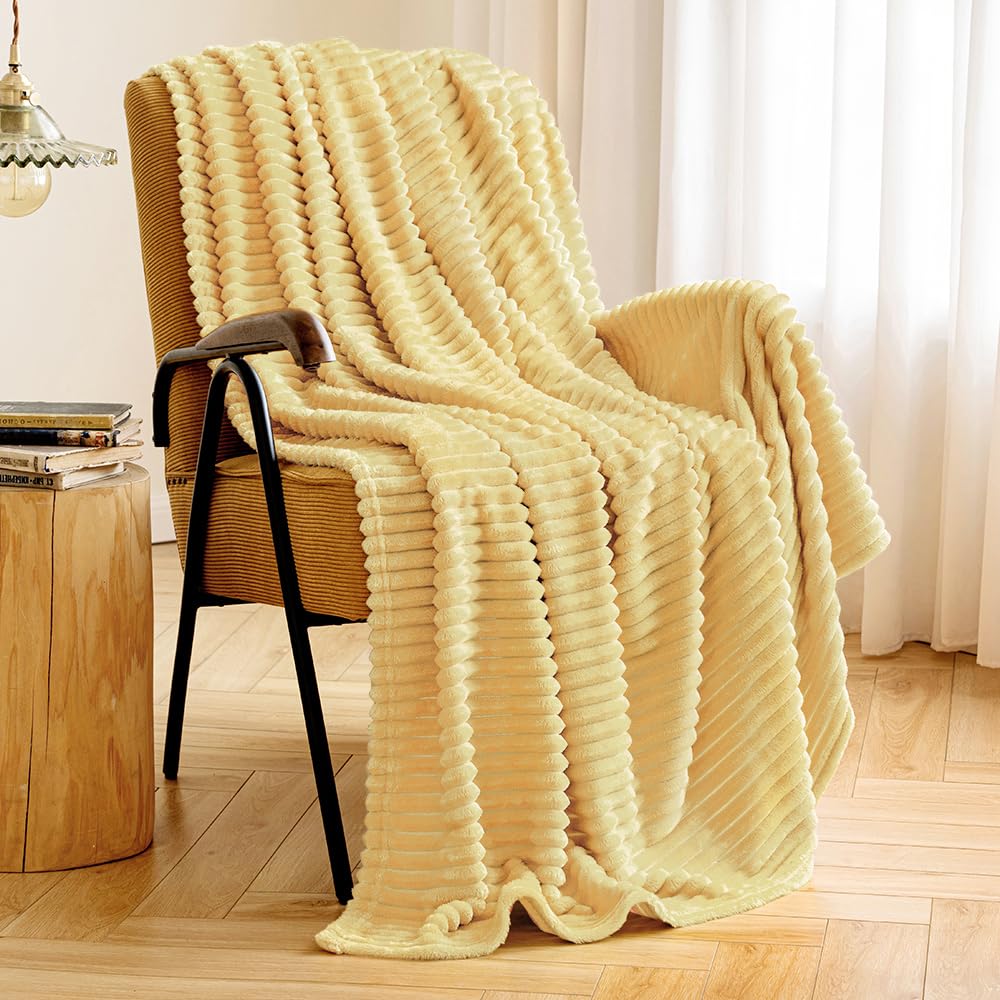 Miulee Light Yellow Throw Blanket 3D Ribbed Jacquard Fleece Flannel Velvet Plush Decorative Bed Blanket (Throw, 50' X 60') - S