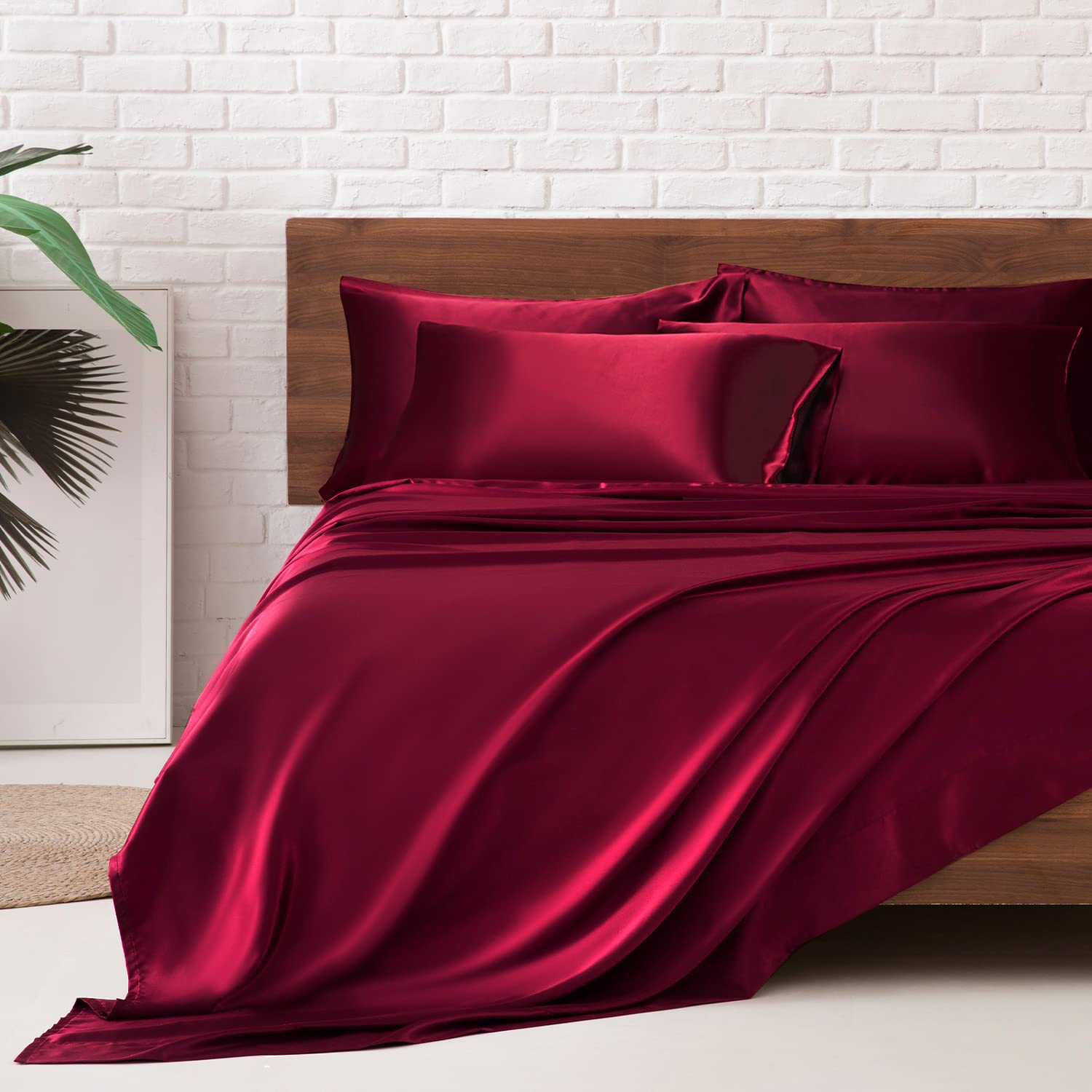 Mr&Hm Satin Bed Sheets, Queen Size Sheets Set, 6 Pcs Silky Bedding Set With 15 Inches Deep Pocket For Mattress(Queen, Burgundy)