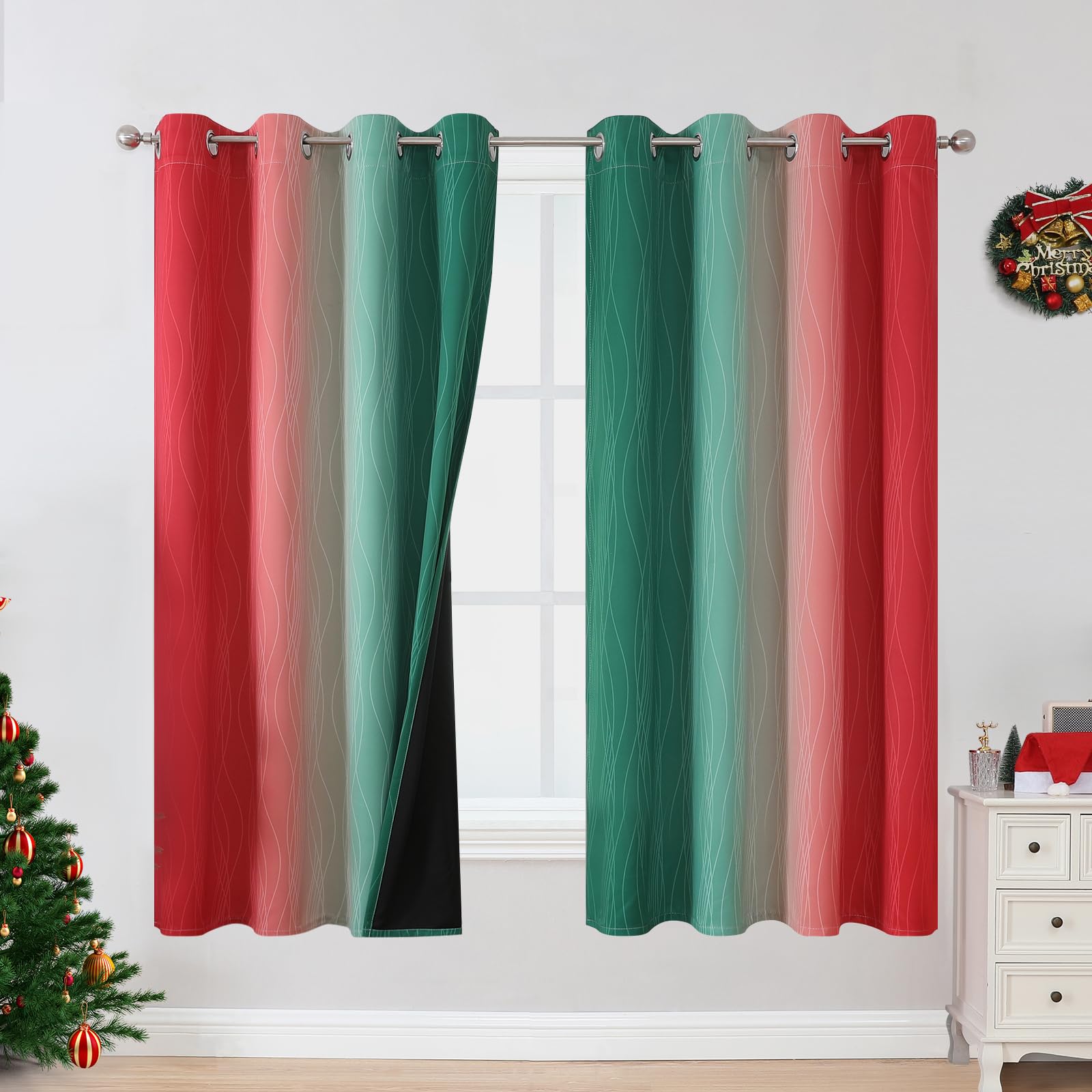 Estelar Textiler Red And Green Blackout Curtains For Christmas Room, Full Room Darkening Grommet Ombre Curtains For Bedroom, The