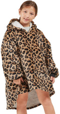 Degrees Of Comfort Wearable Blanket Hoodie For Kids, Fuzzy Sherpa Hooded Blankets Sweatshirt With Pockets, Leopard, One Size Fit