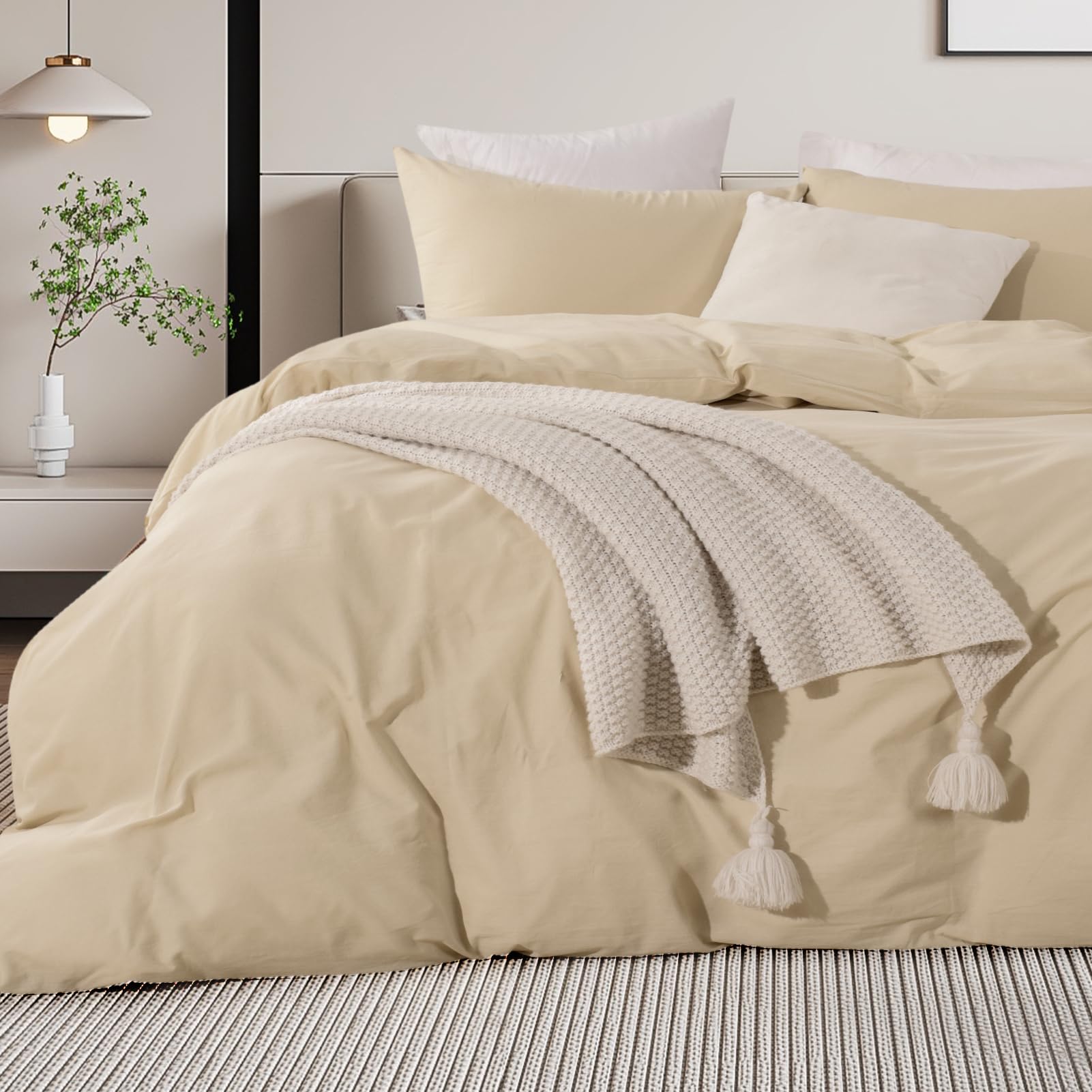 Nexhome Pro Cotton Duvet Cover Oversized Queen 98'X98' Linen Look Textured Organic Natural 100% Washed Cotton Duvet Cover 3 Pieces Bedding Set Beige Zipper Closure, Breathable (No Comforter)