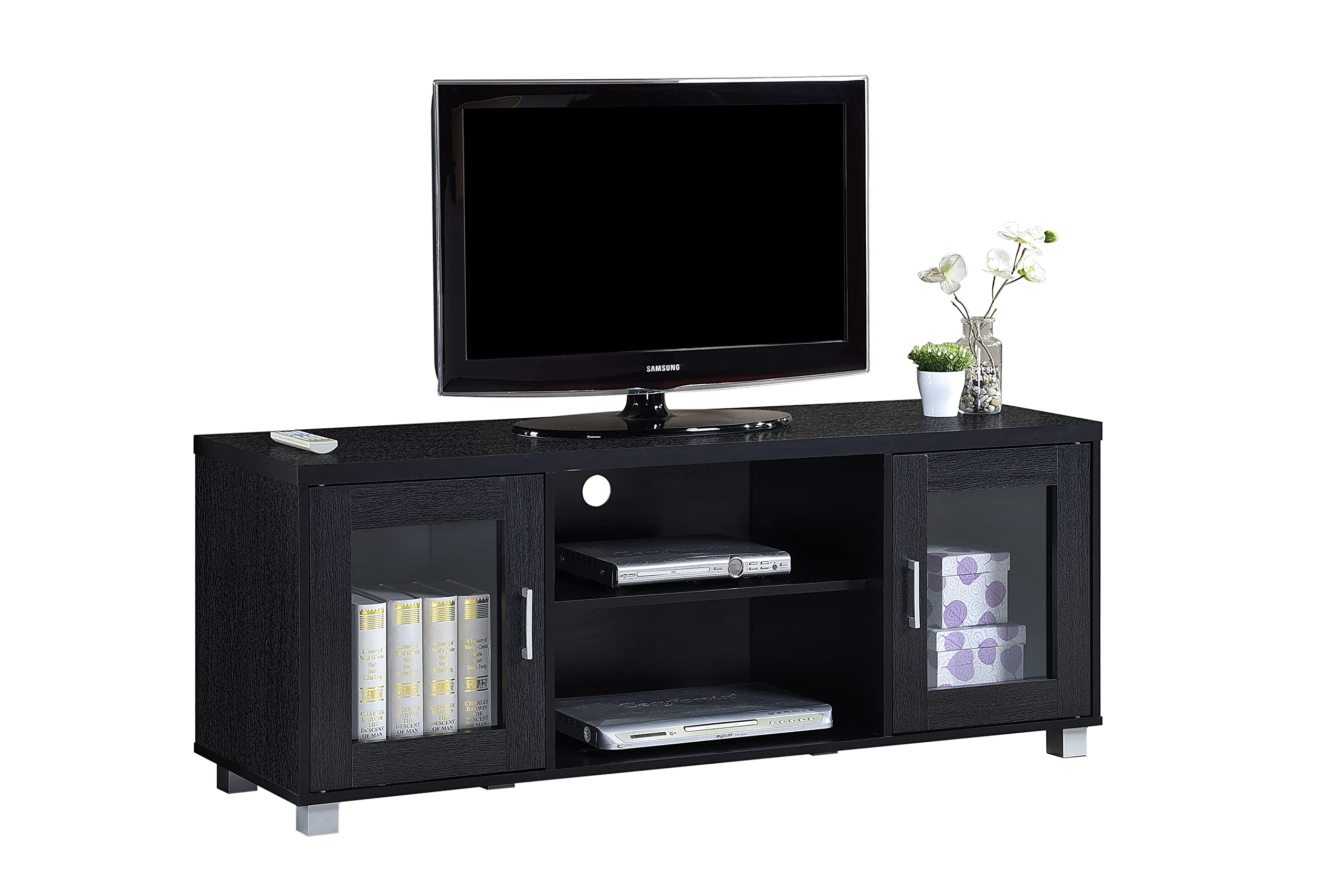 Hodedah Import Tv Stand With Two Transparent Doors For Cabinet Storage & One Shelf, Black