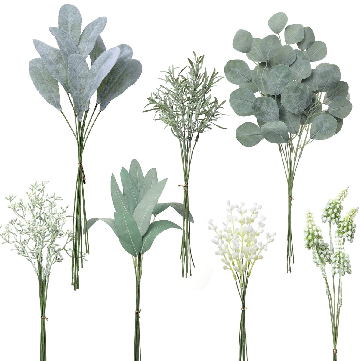YXZZWL Artificial Greenery Stems Box Set,65 Pcs with 7 Kinds of Faux Greenery Branches Fake Eucalyptus for Wedding DIY Bouquets 
