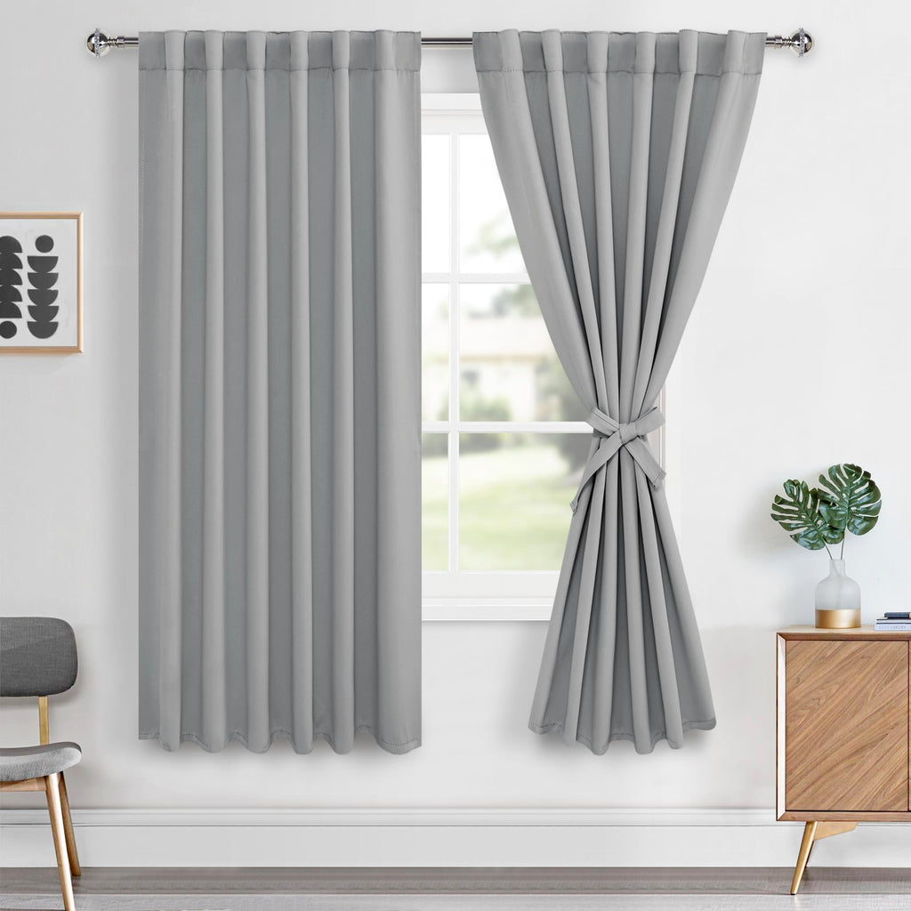 Hiasan Sliver Grey Curtains 63 inch Long Sewn with Tiebacks, Rod Pocket & Back Tab Blackout Thermal Insulated Drapes, Room Darke