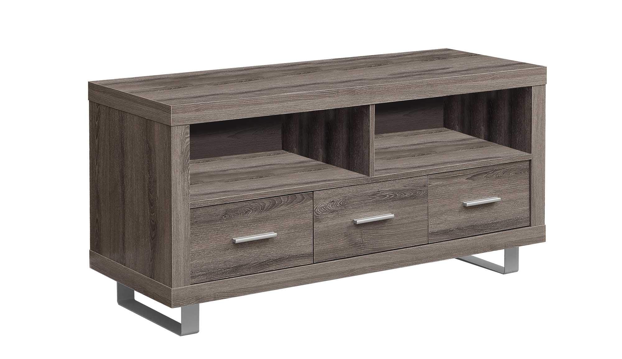 HomeRoots Dark Taupe,Silver Particle Board,Hollow-Core, Laminate, MDF, Metal 17.75' x 47.25' x 23.75' Dark Taupe Silver Particle Board Hollow Core Metal TV Stand with 3 Drawers