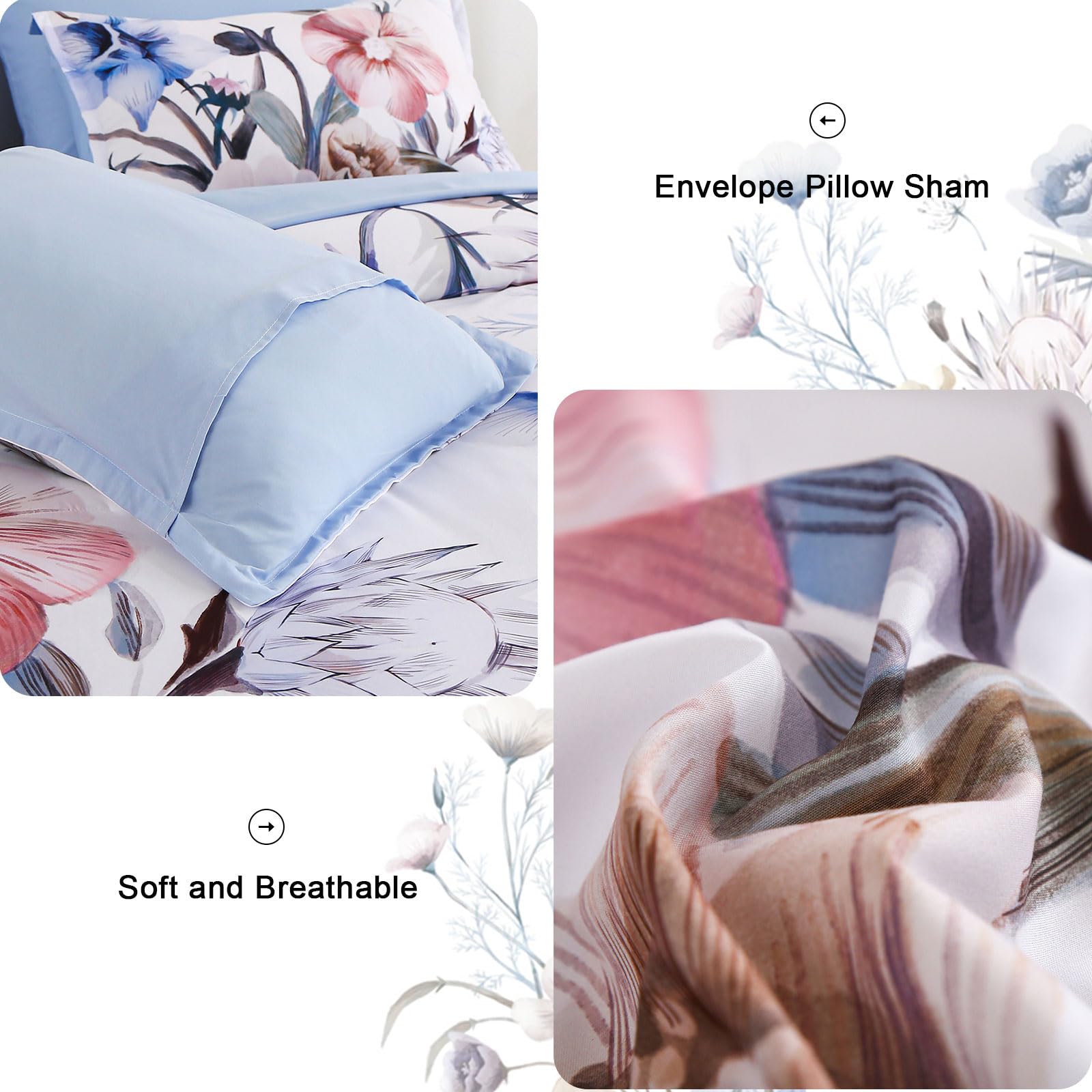 Luxudecor Floral Comforter Set King Size 7 Piece, Blue Flower Bed In A Bag, Elegant Floral Comforter With Sheet Set, Soft Microf