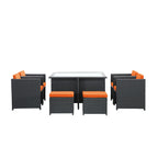 Modway Inverse Wicker Rattan 9-Piece Outdoor Patio Dining Furniture Set In Espresso Orange