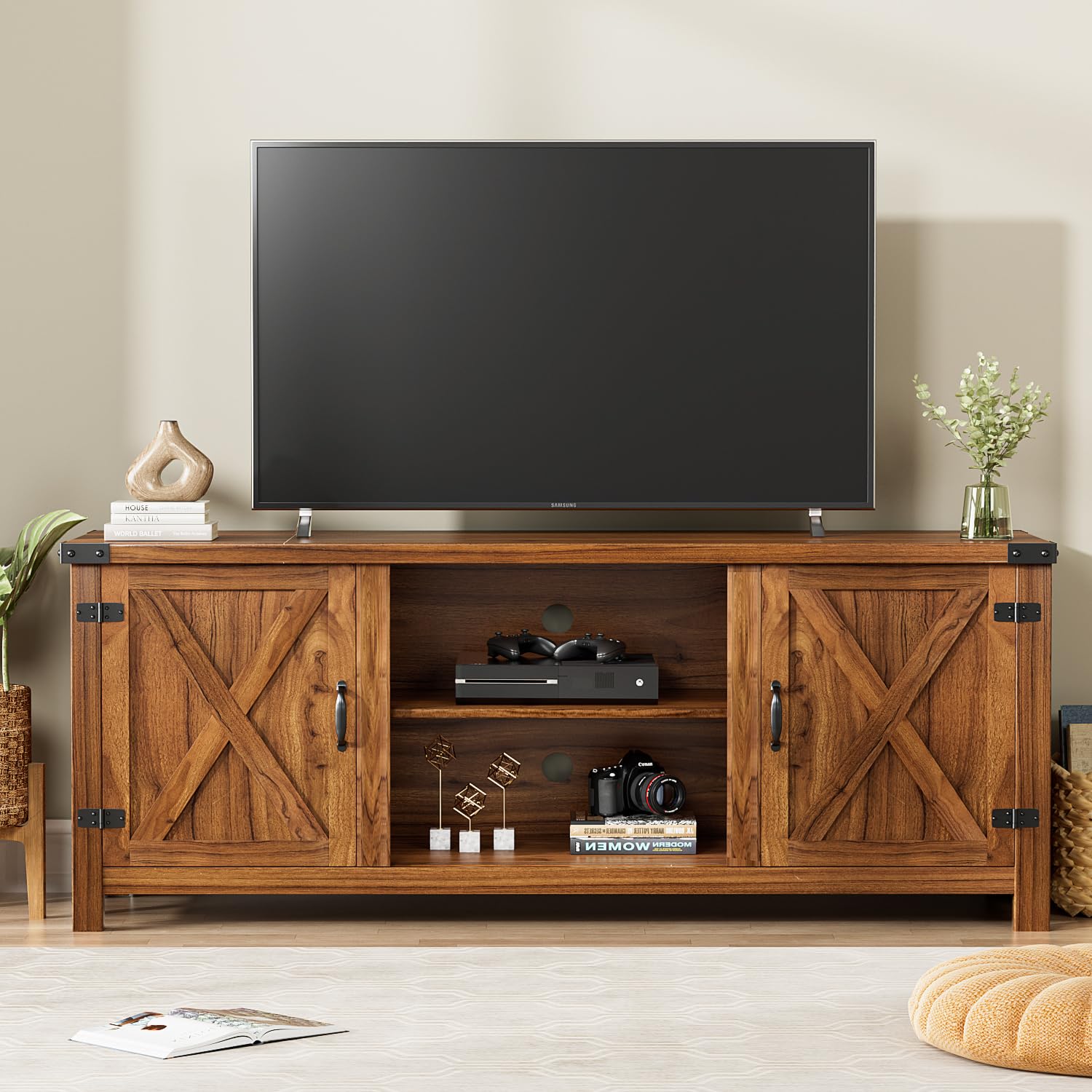 YESHOMY Modern Farmhouse TV Stand with Two Barn Doors and Storage Cabinets for Televisions up to 65+ Inch,Entertainment Center C