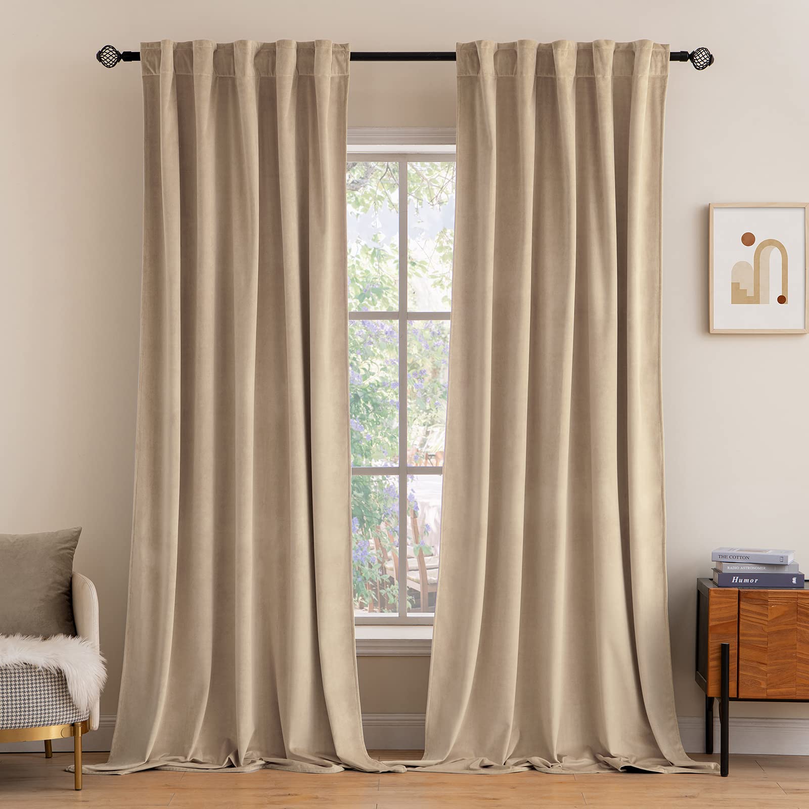 Miulee Velvet Curtains 96 Inches 2 Panels - Luxury Blackout Curtains For Bedroom Living Room Thermal Insulated Super Soft Window Drapes Rod Pocket & Back Tab, Camel Beige, W52 X L96 Inches