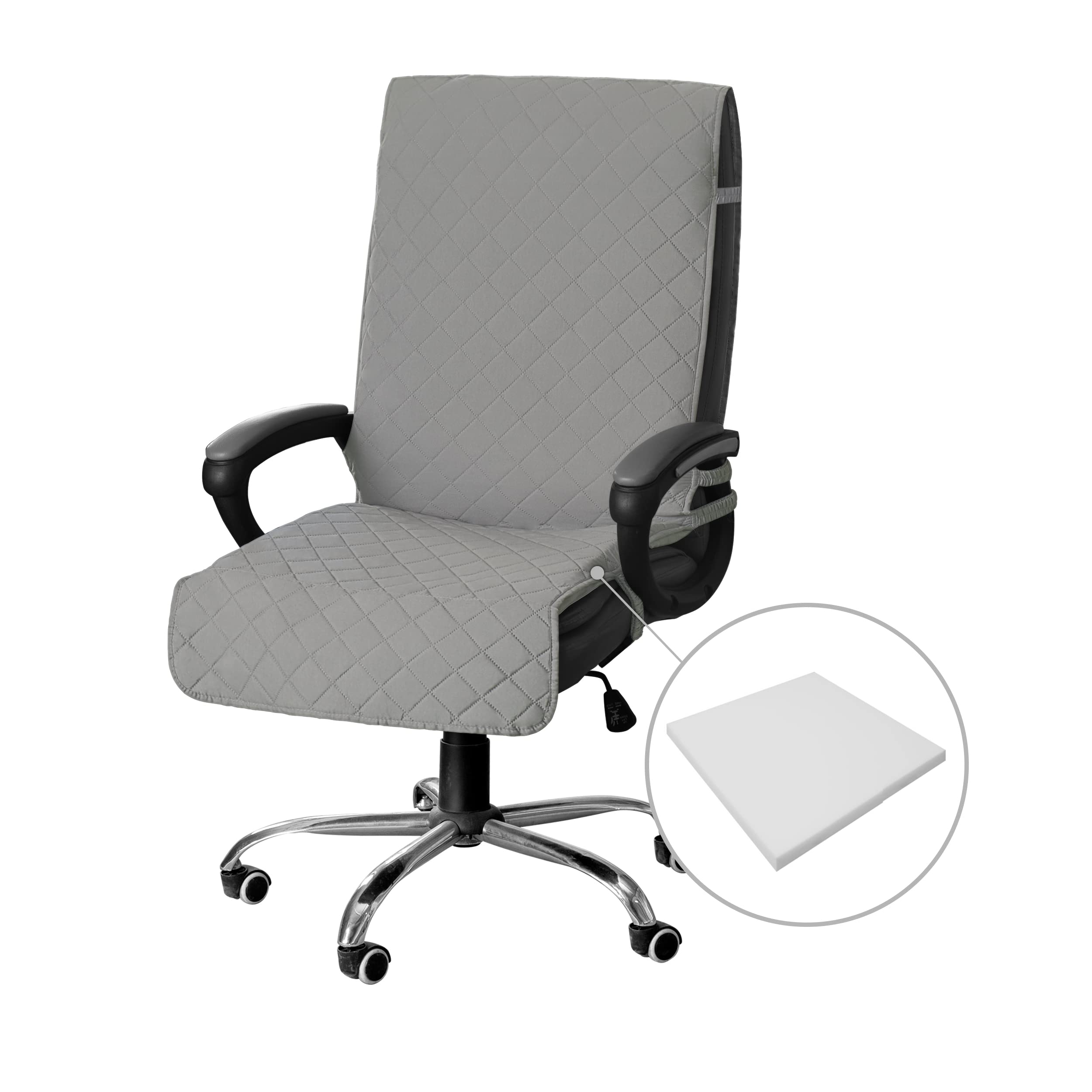 Easy-Going Quilted Microfiber Office Chair Cover With Soft Memory Foam Seat Cushion Water Resistant Desk Computer Chair Slipcover Anti-Slip Chair Protector (Medium, Light Gray)