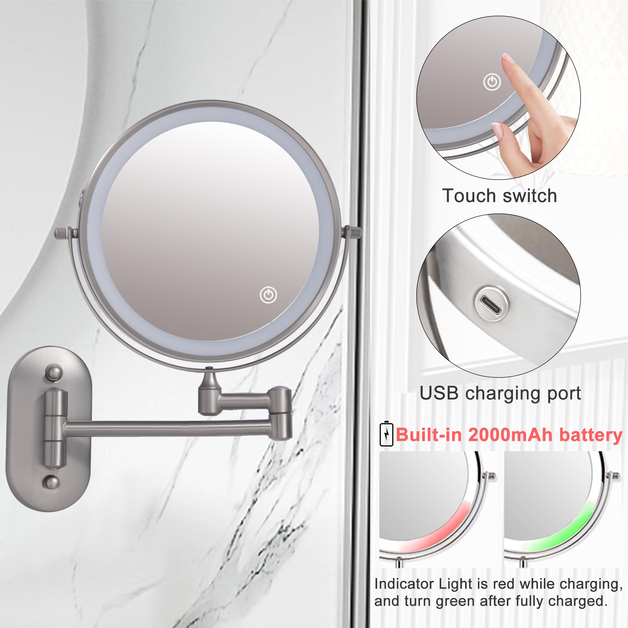 Rechargeable Wall Mounted Lighted Makeup Vanity Mirror With 10X/1X Magnification For Shaving, 8Inch Brushed Nickel Magnifying Mi