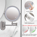 Rechargeable Wall Mounted Lighted Makeup Vanity Mirror With 10X/1X Magnification For Shaving, 8Inch Brushed Nickel Magnifying Mi