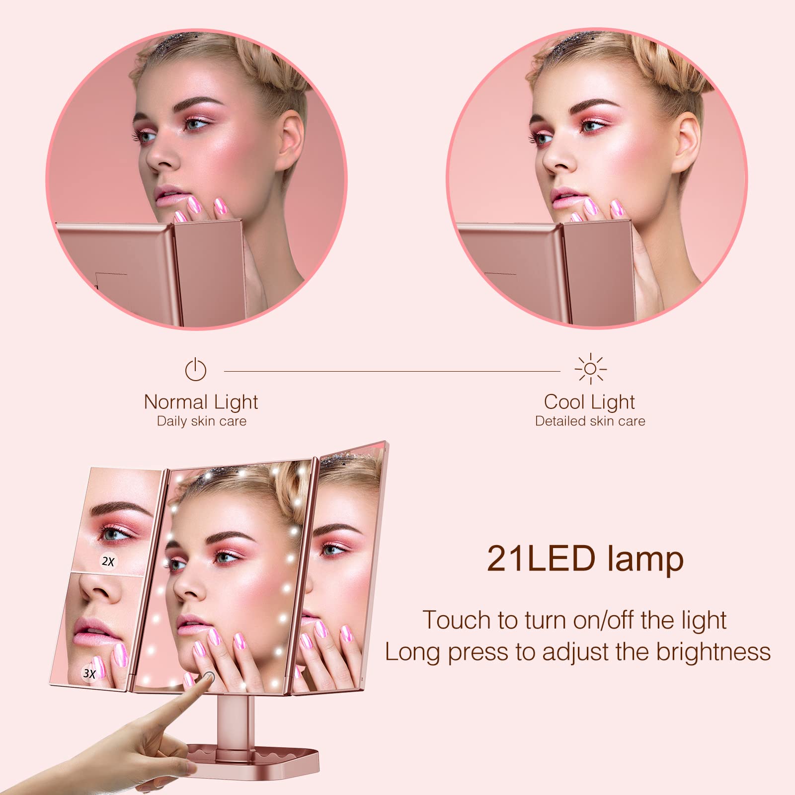 Huonul Makeup Mirror, 10X3X2X Magnification, Lighted, Touch Control, Trifold, Dual Power Supply, Portable Led, Women Gift