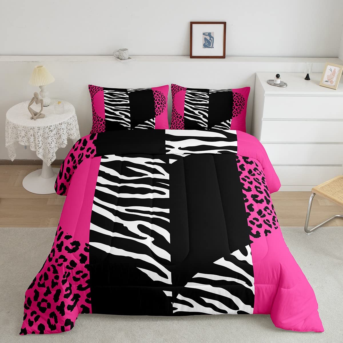 Zebra Leopard Comforter Set King Size Abstract Patchwork Pink Heart Bedding Comforter 3Pcs For Kids Girls Women Bedroom Decor Wi