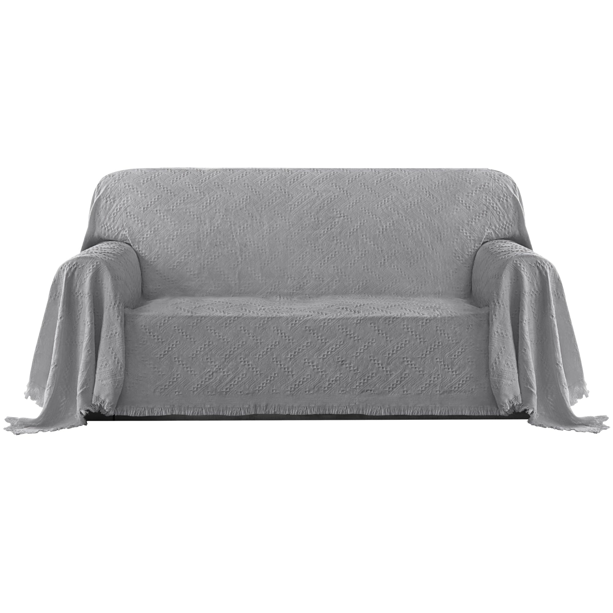 Purefit Geometric Jacquard Throw Sofa Cover - Textured Soft Washable Decorative Couch Covers For 3 Cushion Couch, Throw Cover With Tassels Furniture Protector For Pets, Kids (X-Large, Light Gray)