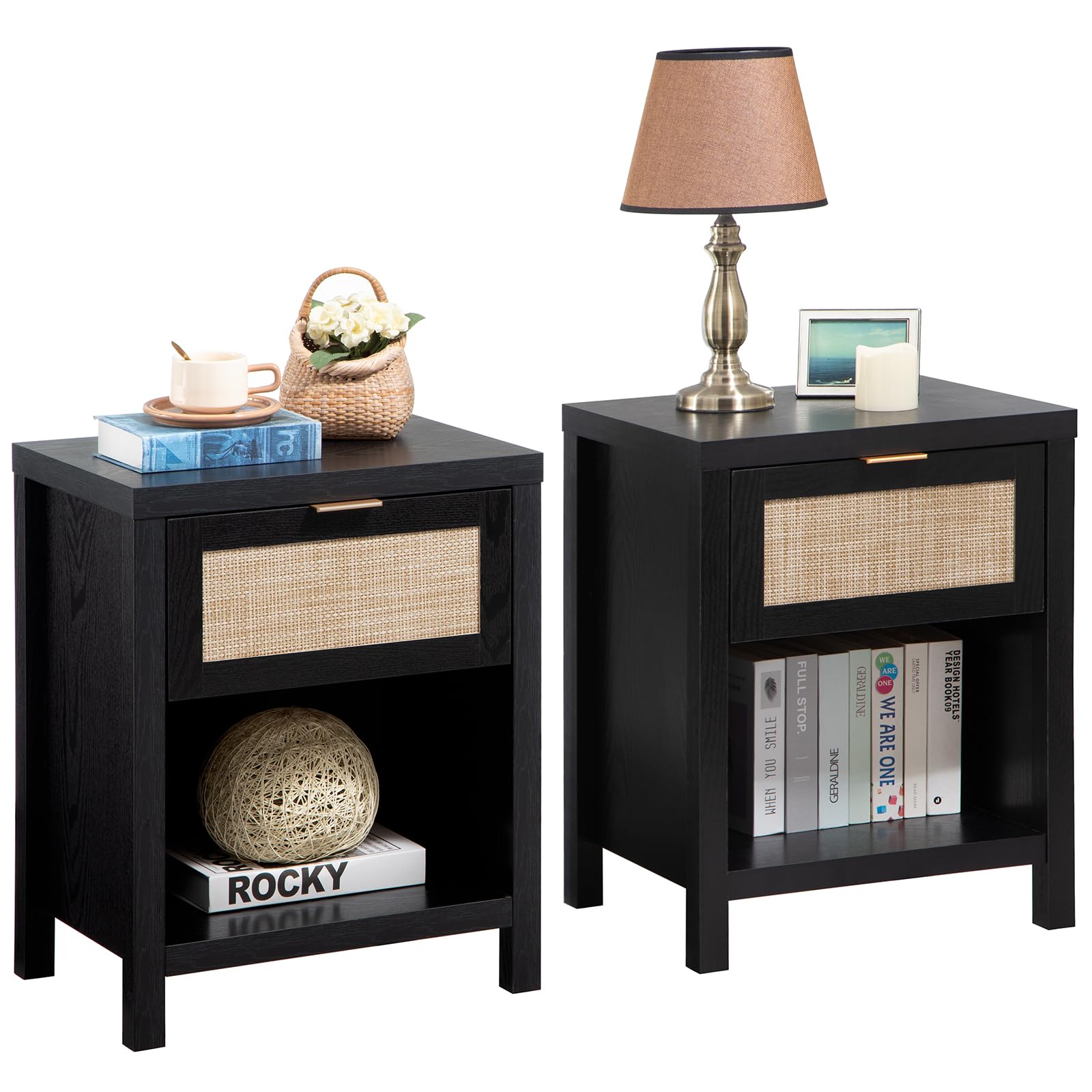 Sicotas Rattan Night Stands Set Of 2, Farmhouse Nightstand Bedside Table With Drawer And Storage Shelf, Boho End Side Table For Bedroom, Small Space, Black Oak