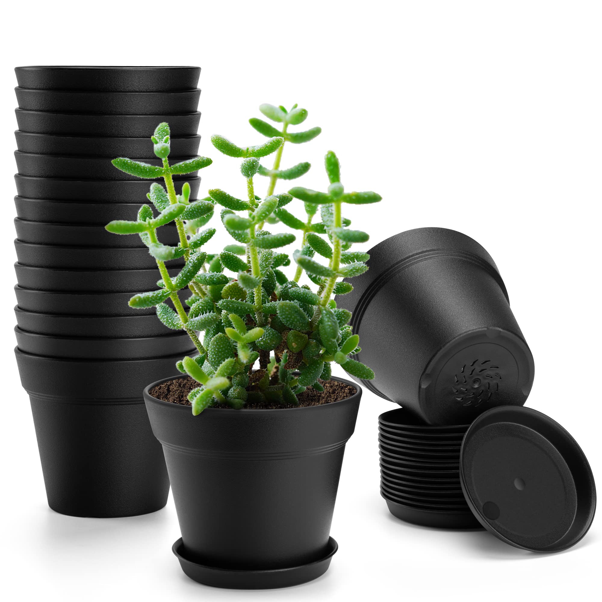 16 Pack Plastic Plant Pots With Drainage Holes And Tray, 4 Inch Thickened Indoor Planters Seedlings Nursery Pots For Flowers, Af