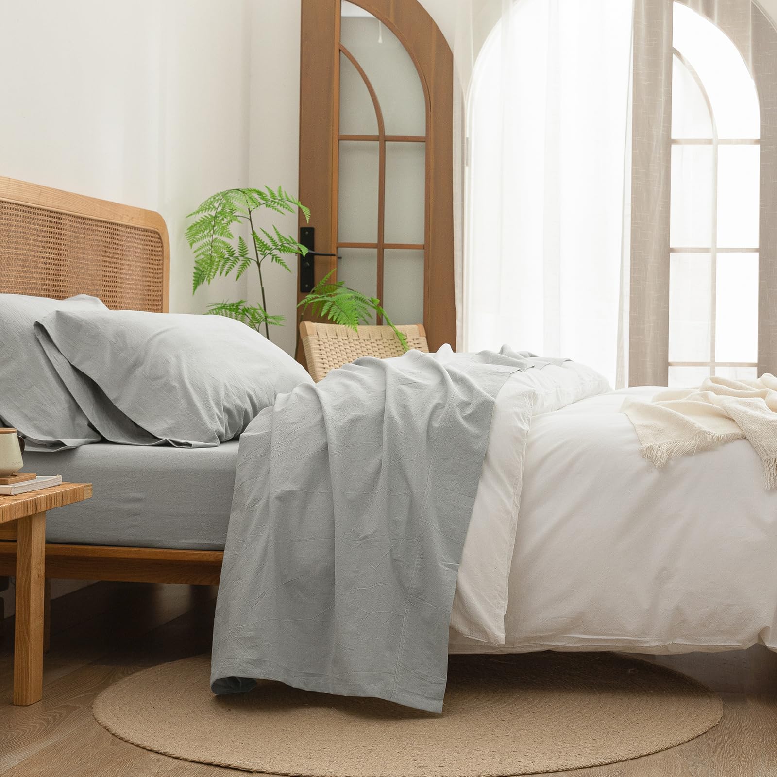 BESTOUCH Sheet Set 100% Washed Cotton Linen Feel Super Soft Comfortable Chic Lightweight 4 Pcs Home Bedding Set Solid Northern D