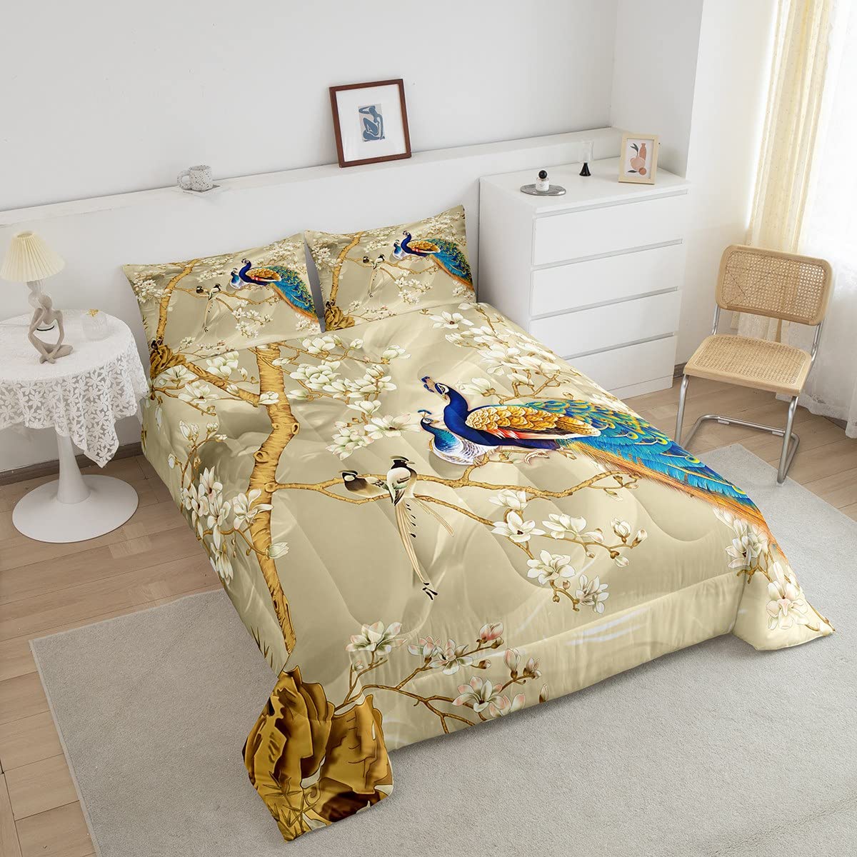 Feelyou Peacock Comforter Peacock With Floral Bedding Set For Kids Adults Girls Animals Comforter Set Botanical Quilt Set 1 Comf