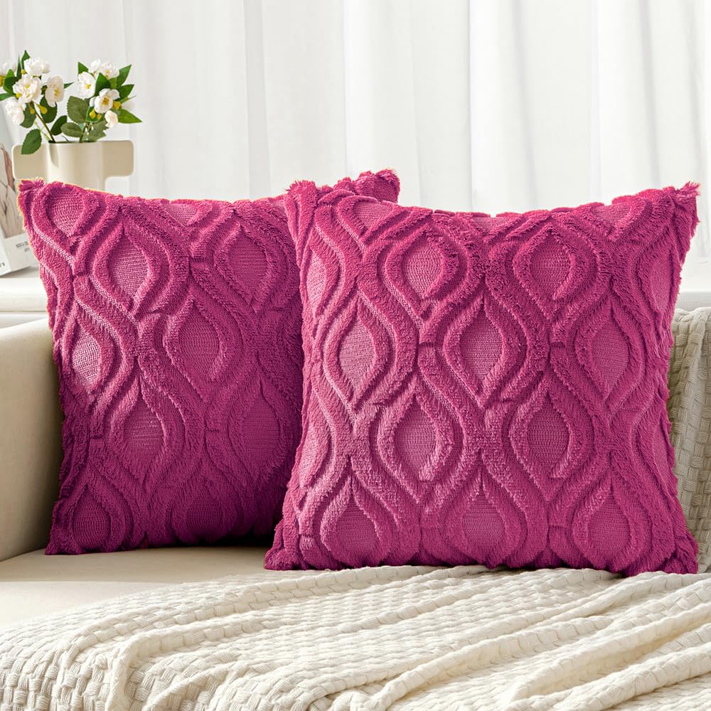 Miulee Hot Pink Throw Pillow Covers 18X18 Inch, Soft Winter Plush Faux Wool Couch Pillow Covers Set Of 2 Decorative Farmhouse Boho Throw Pillows For Sofa Living Room Bed