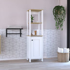 Linen Single Door Cabinet 59.3H, 2 Interior Shelves, 2 Open Shelves, Light Oak/White