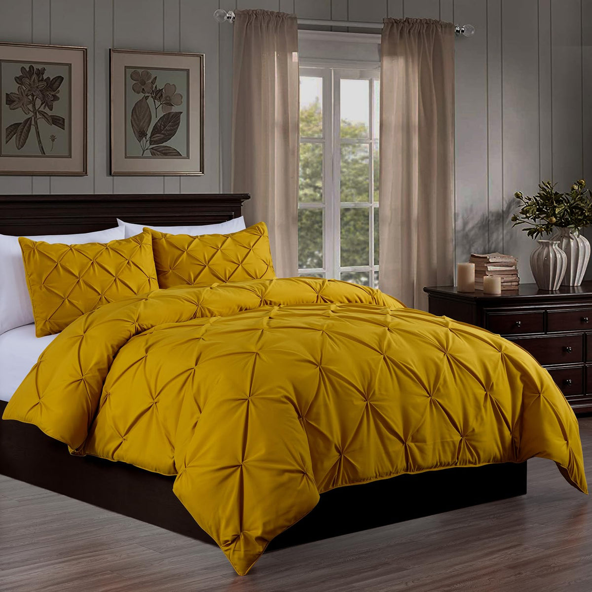 Chezmoi Collection Berlin Mustard Yellow Pinch Pleat Full Comforter Set, 3-Piece (Comforter And Pillow Shams) - Soft Pintuck, Li