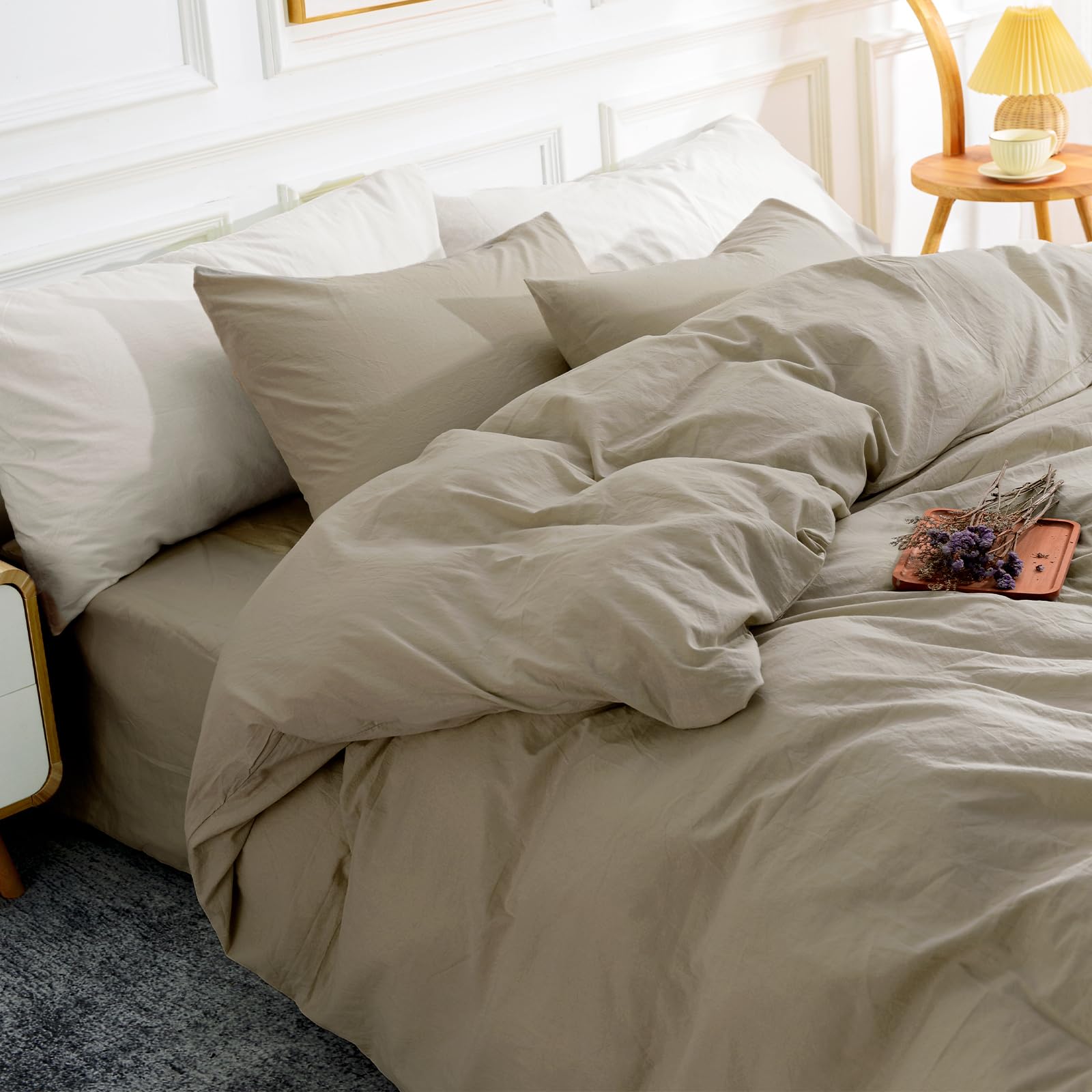 Nexhome Pro Duvet Cover Set 100% Washed Cotton Oversized King 120'X98' Linen Feel Textured Organic Natural 3 Pieces Bedding Set With Zipper Closure And Corner Ties, Breathable Soft (No Comforter)