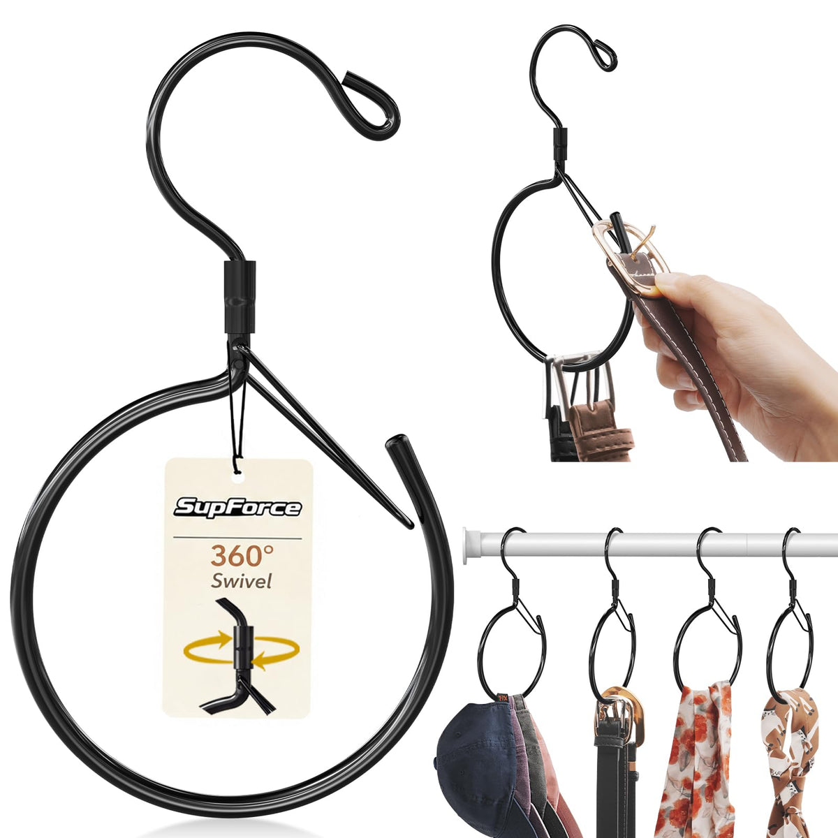 Supforce 2 Pack Belt Hanger, 360 Swivel Belt Organizer for Closet, Black