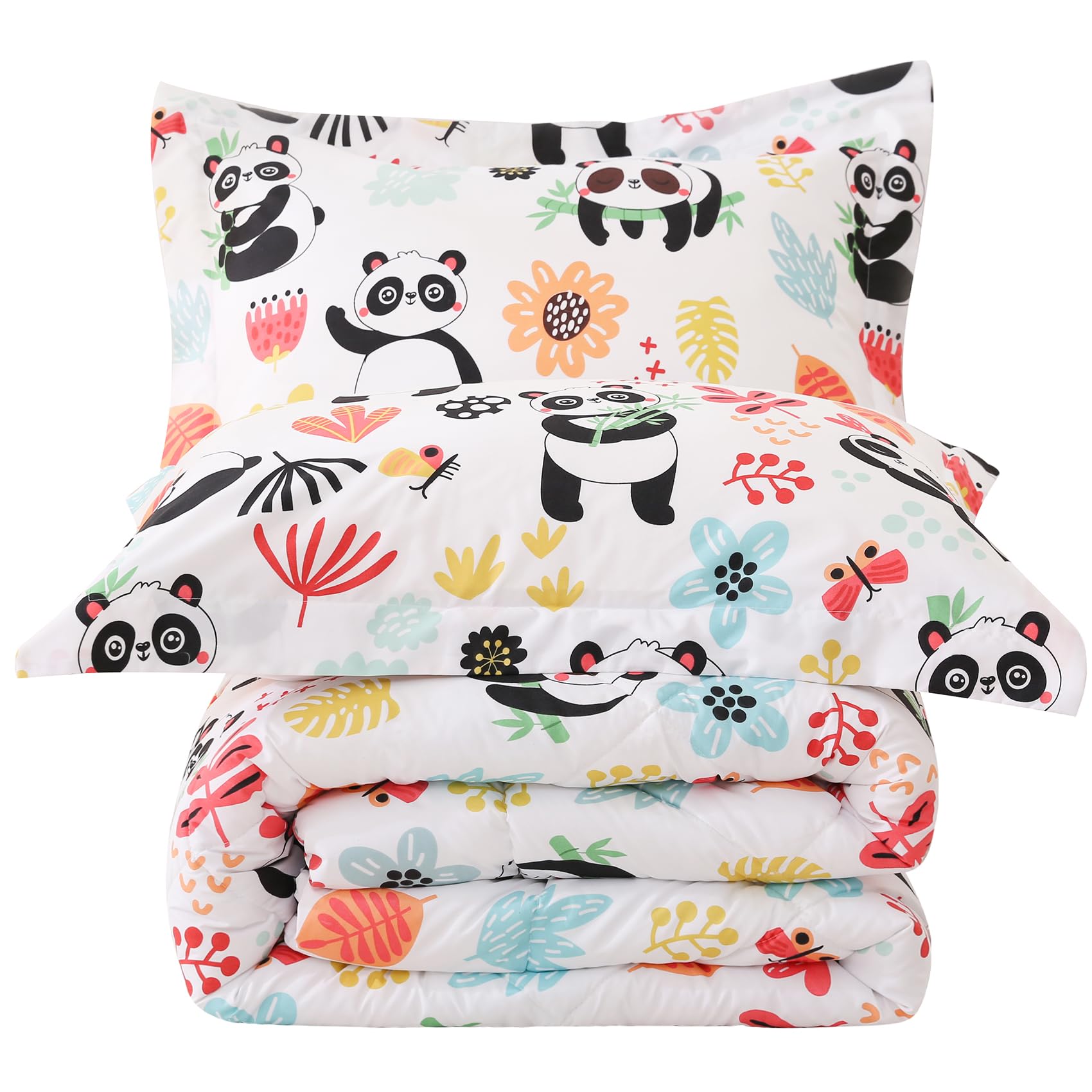 Jsd Panda Flower Kids Comforter Set Queen Size, 3 Piece Printed Microfiber Comforter With Pillow Sham, Machine Washable