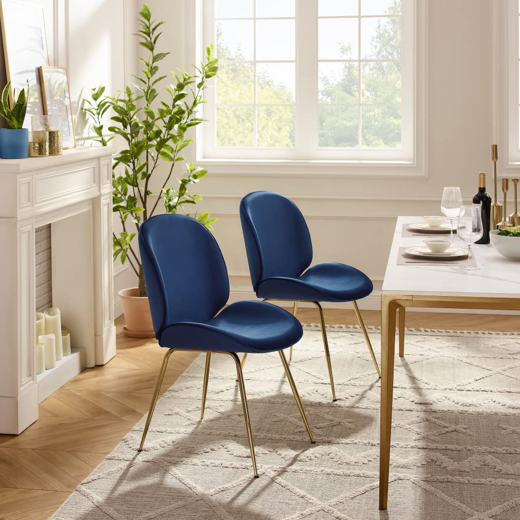 HomeRoots Velvet Seat, Metal Legs Set of Two Gold and Blue Velvet Shell Shape Dining Chairs