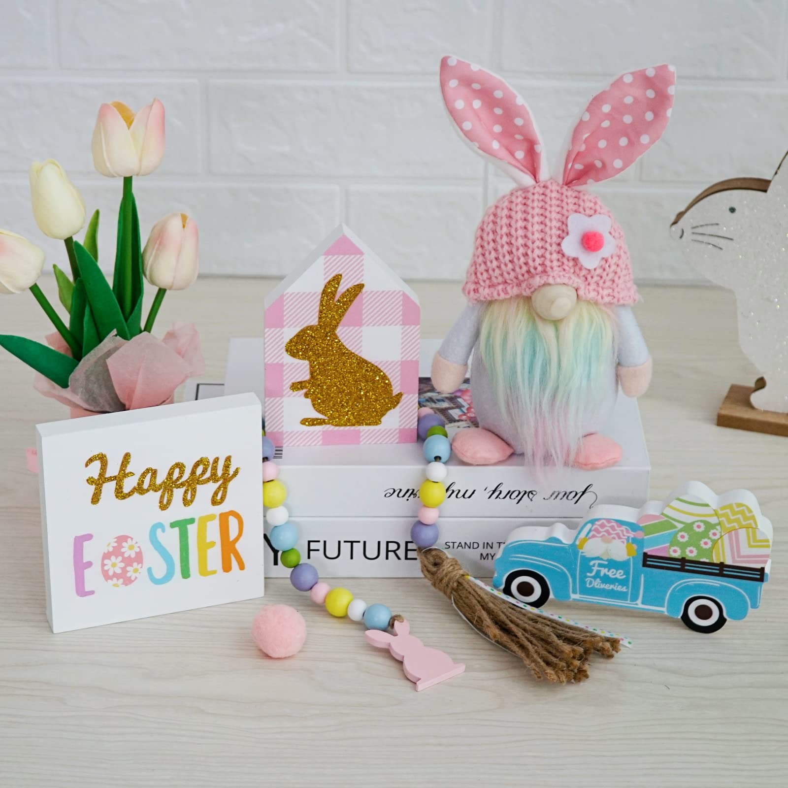 Easter Decorations, 5Pcs Easter Gnome Tiered Tray Decor, 3 Glitter Easter Wood Signs, Truck Full Of Eggs, Easter Bunny Gnome Plu
