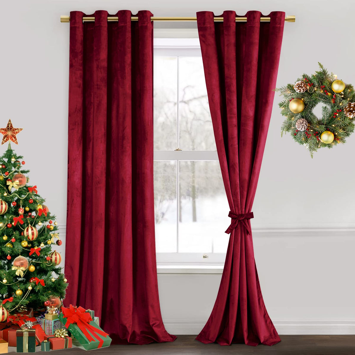 Jiuzhen Red Velvet Curtains 96 Inches - Soft Velvet Blackout Grommet Curtains Thermal Insulated Noise Reducing Window Drapes For