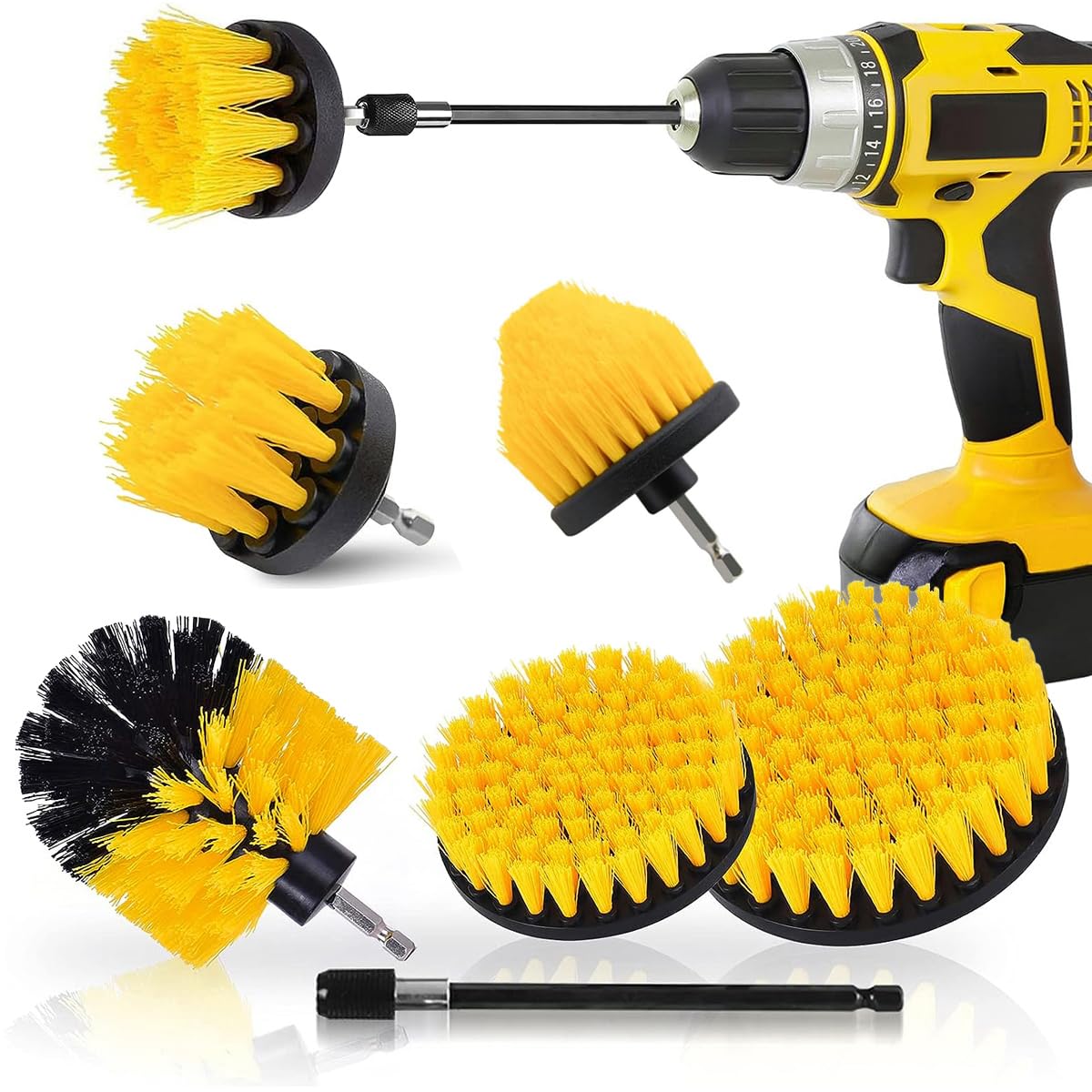 Sliva Drill Brush Attachment Set, 5 Pcs Power Scrubber Brush With Extend Long Attachment For Cleaning Floor, Carpet, Tile, Grout